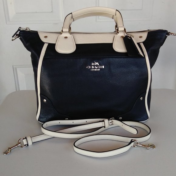 COACH NEW MIDNIGHT & CHALK LEATHER PURSE navy ivory white NWT womens Christmas - Picture 1 of 17
